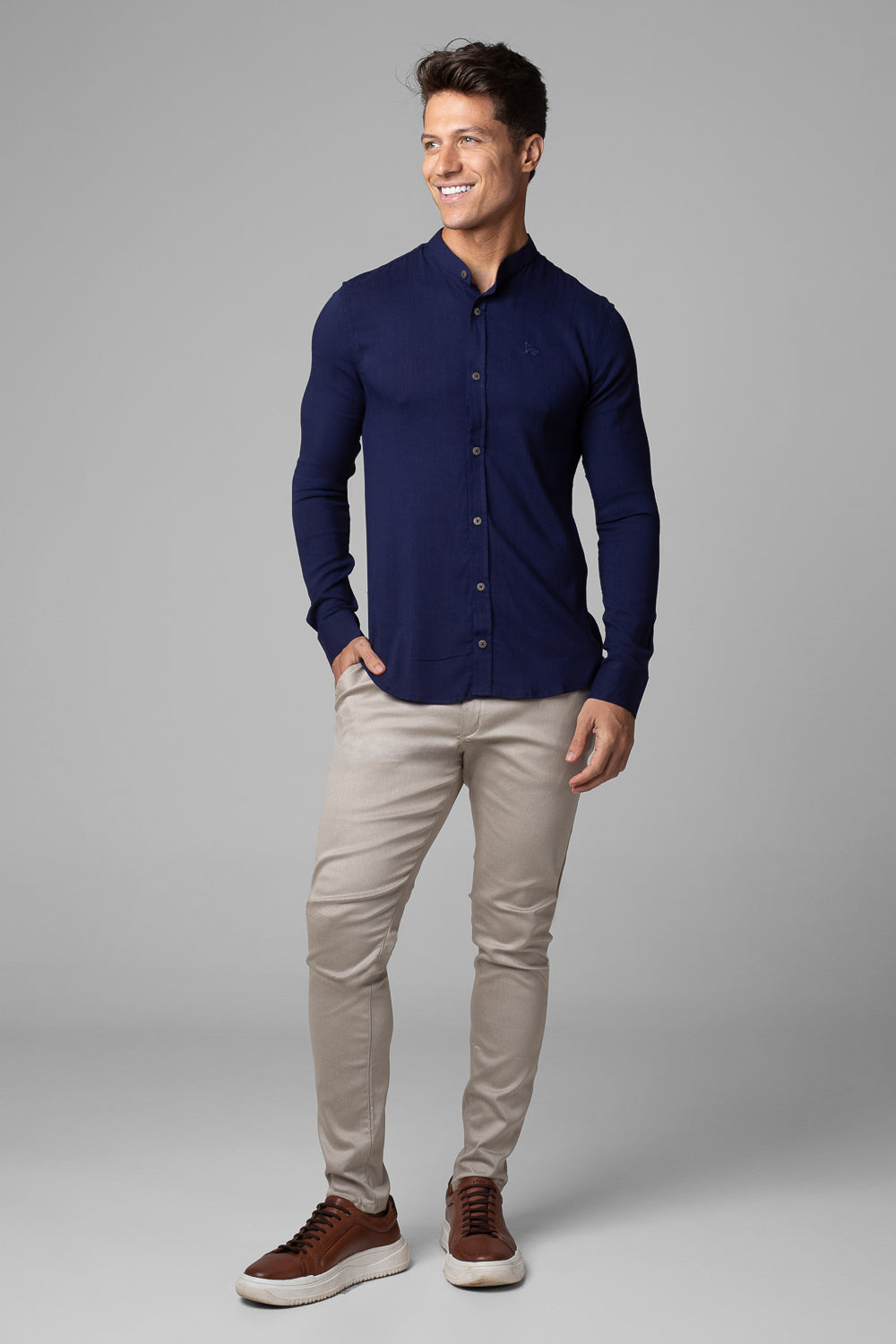 Camisa Social Masculina Dubai Gola Padre Manga Longa Slim