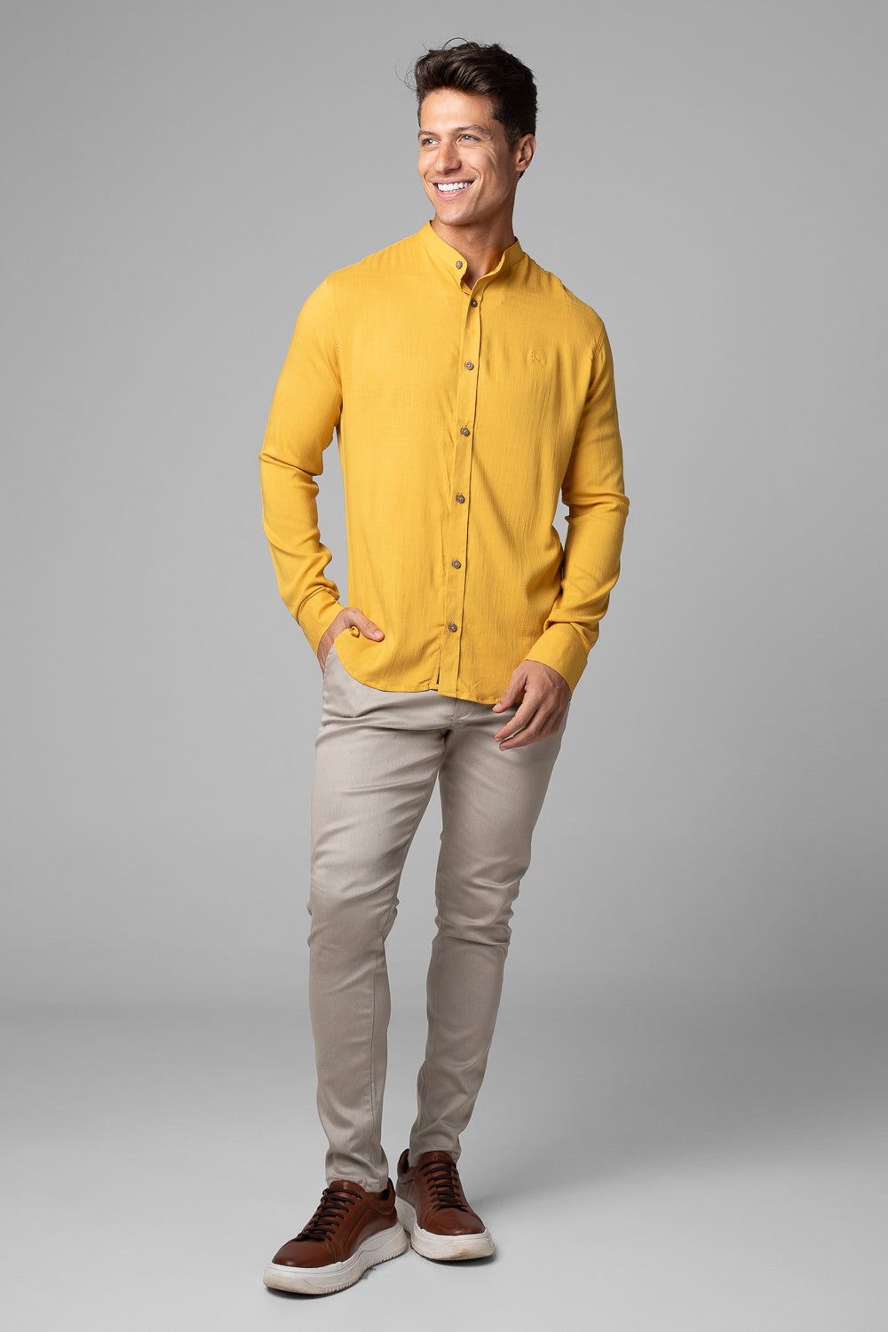 Camisa Social Masculina Dubai Gola Padre Manga Longa Slim