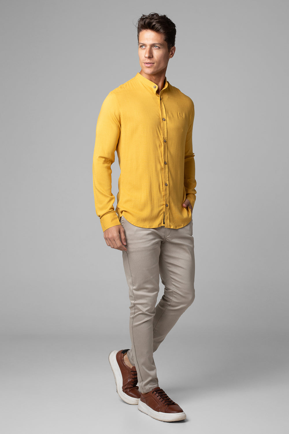 Camisa Social Masculina Dubai Gola Padre Manga Longa Slim