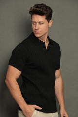 Polo Tricot Canelada Masculina Slim Capri Sem Botões