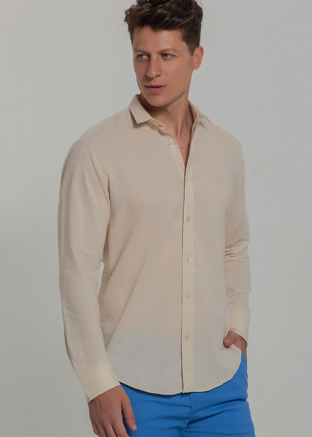 Camisa Social Masculina de Linho Linen 30 Manga Longa Slim