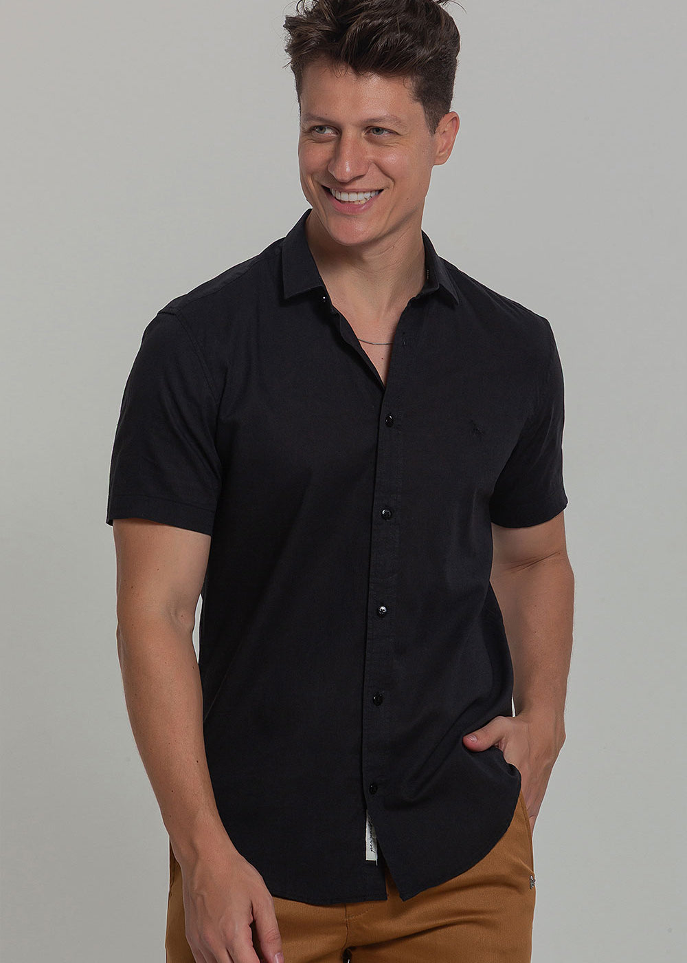 Camisa Social Masculina de Linho Linen 30 Manga Curta Slim