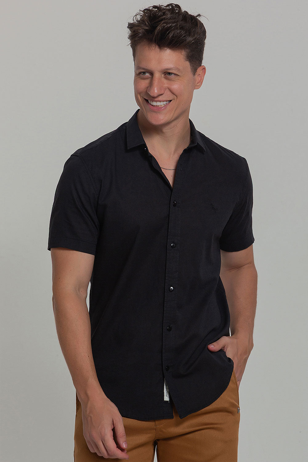 Camisa Social Masculina de Linho Linen 30 Manga Curta Slim