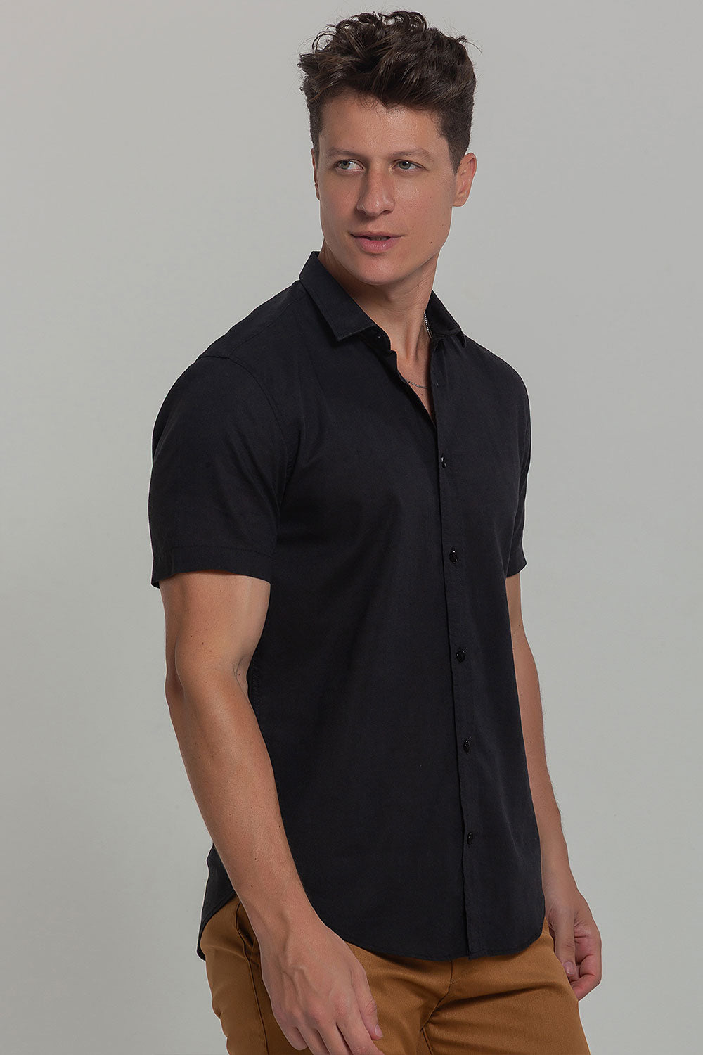 Camisa Social Masculina de Linho Linen 30 Manga Curta Slim