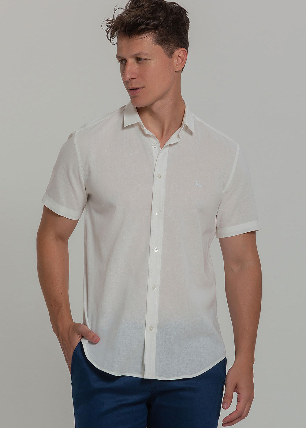 Camisa Social Masculina de Linho Linen 30 Manga Curta Slim