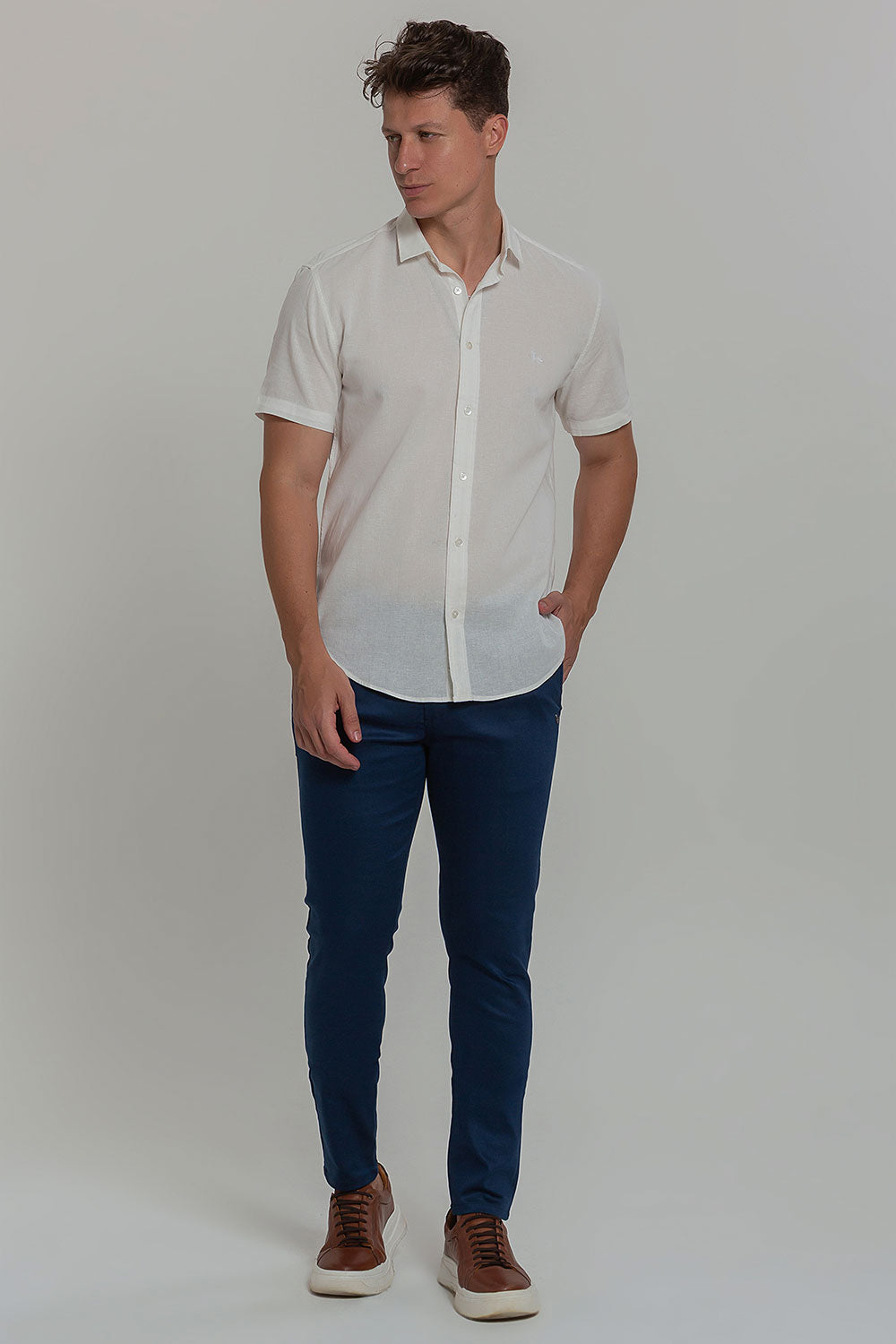 Camisa Social Masculina de Linho Linen 30 Manga Curta Slim