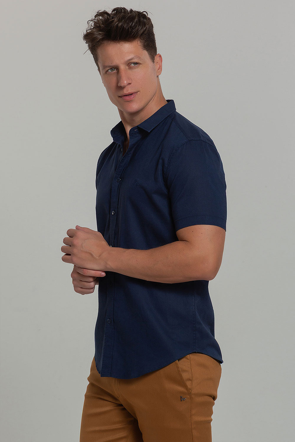 Camisa Social Masculina de Linho Linen 30 Manga Curta Slim