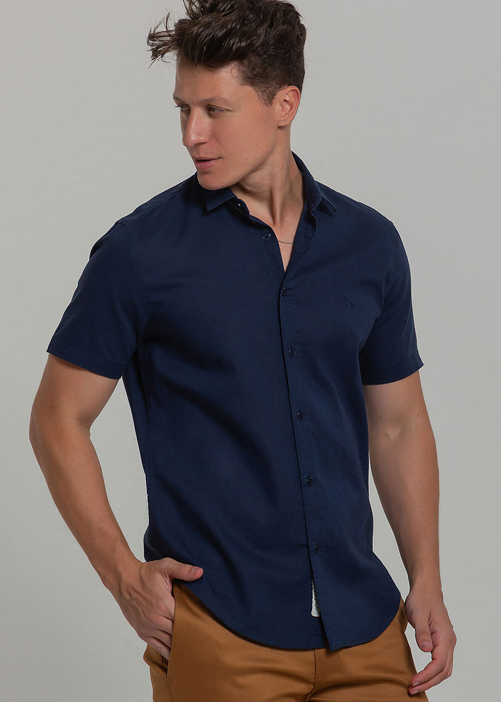 Camisa Social Masculina de Linho Linen 30 Manga Curta Slim