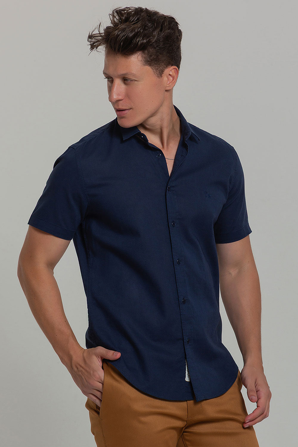 Camisa Social Masculina de Linho Linen 30 Manga Curta Slim