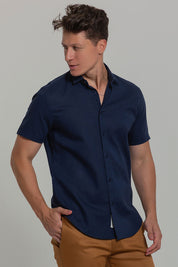 Camisa Social Masculina de Linho Linen 30 Manga Curta Slim