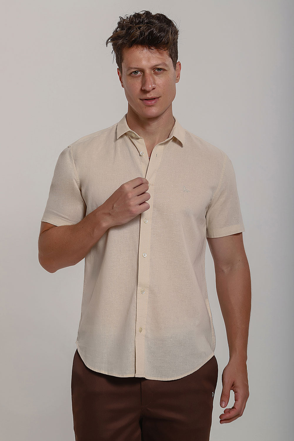 Camisa Social Masculina de Linho Linen 30 Manga Curta Slim