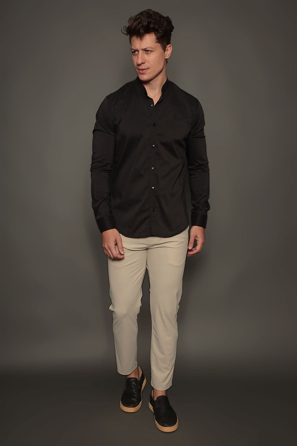 Camisa Social Masculina Gola Padre Manga Longa Tricoline