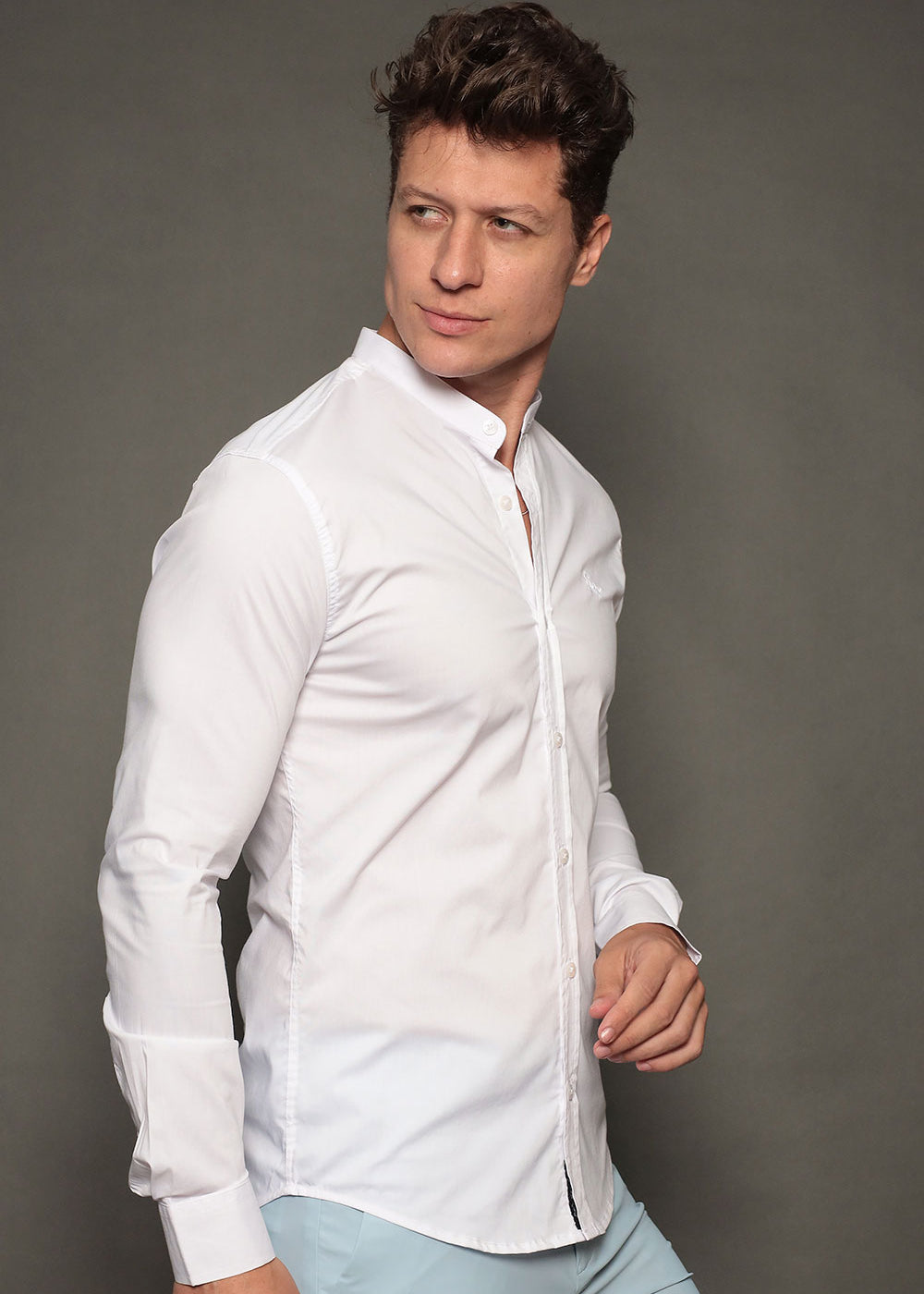 Camisa Social Masculina Gola Padre Manga Longa Tricoline