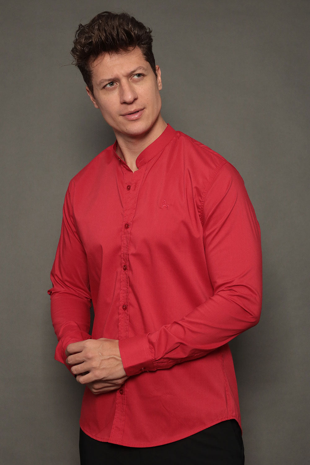 Camisa Social Masculina Gola Padre Manga Longa Tricoline