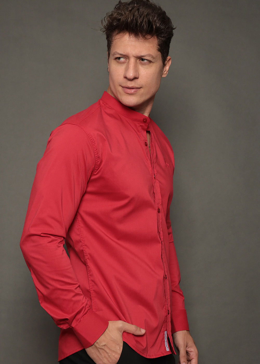 Camisa Social Masculina Gola Padre Manga Longa Tricoline