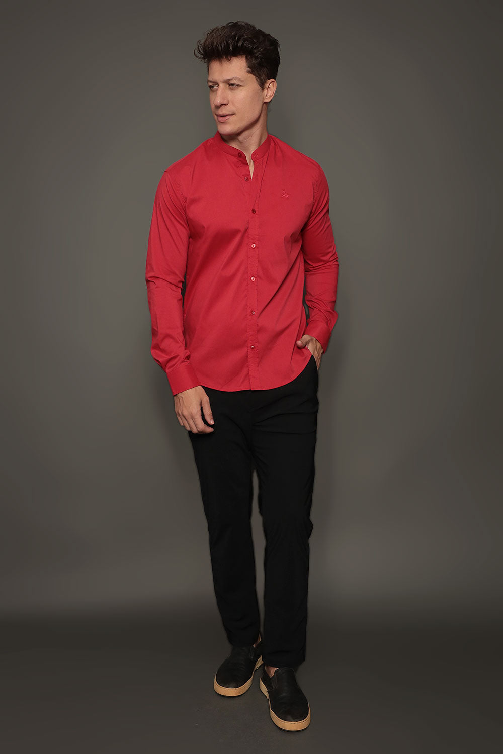 Camisa Social Masculina Gola Padre Manga Longa Tricoline