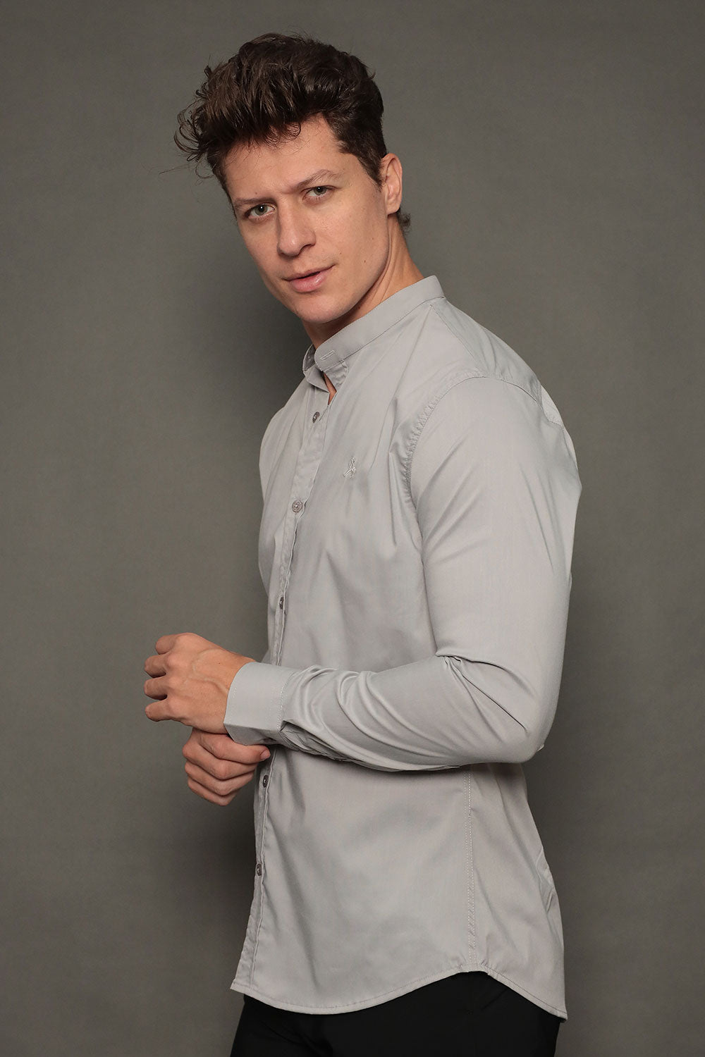 Camisa Social Masculina Gola Padre Manga Longa Tricoline