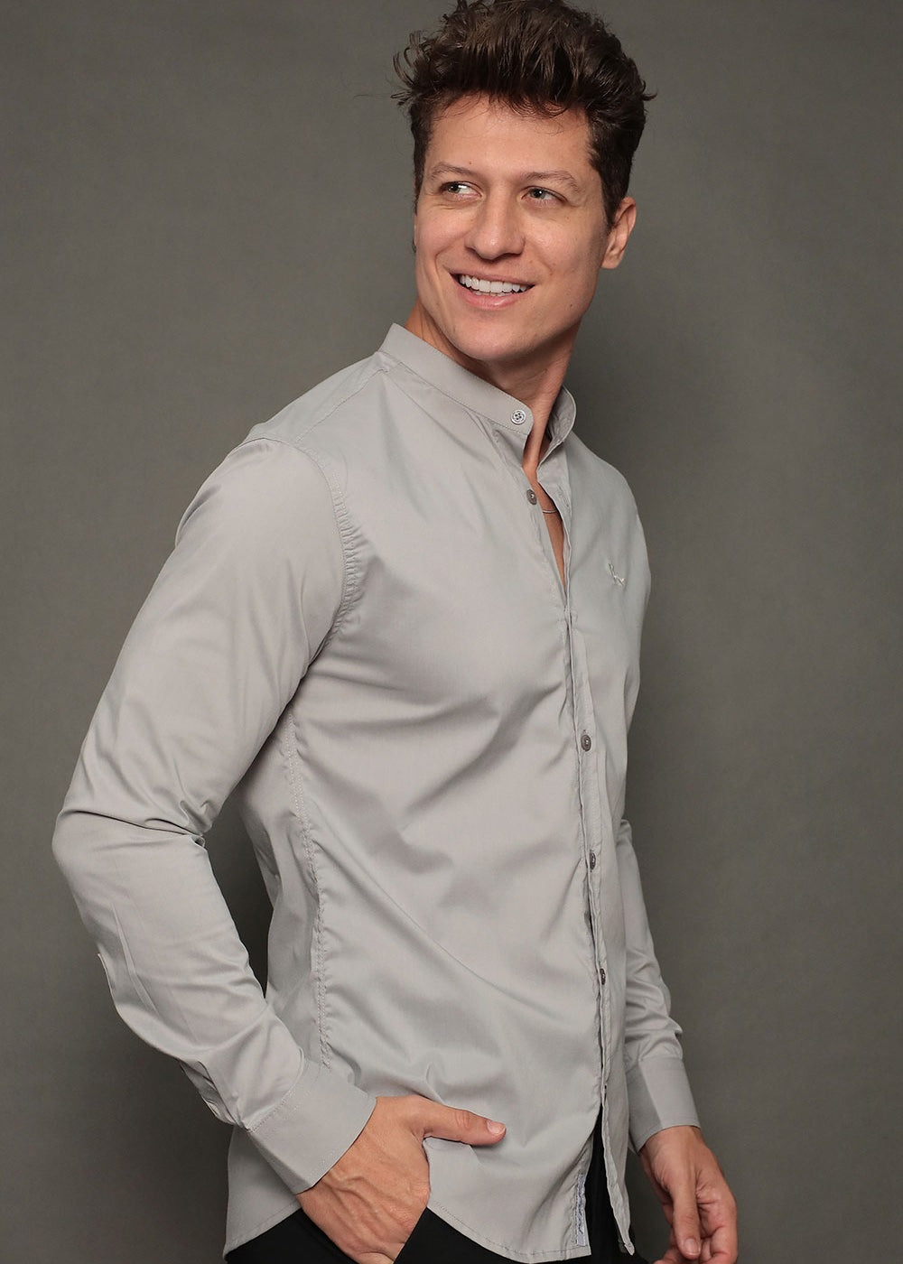 Camisa Social Masculina Gola Padre Manga Longa Tricoline