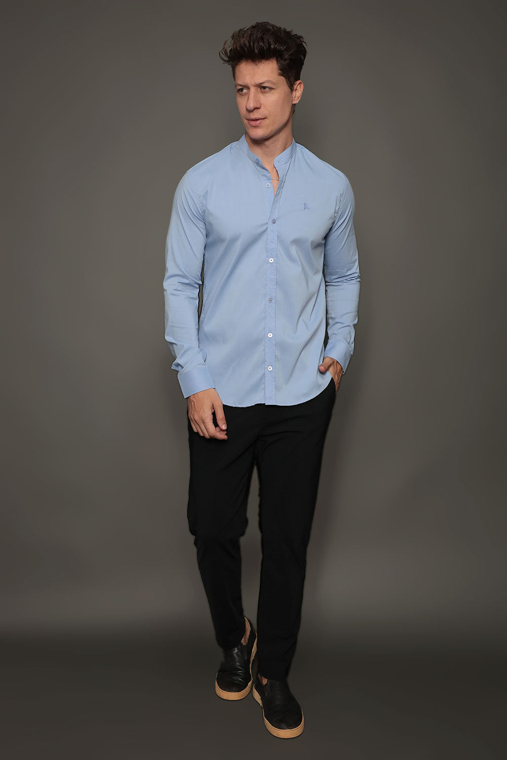 Camisa Social Masculina Gola Padre Manga Longa Tricoline