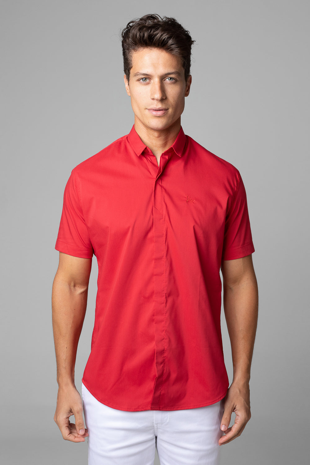 Camisa Social Masculina Tricoline Acetinada Slim Fit Vista Oculta MC