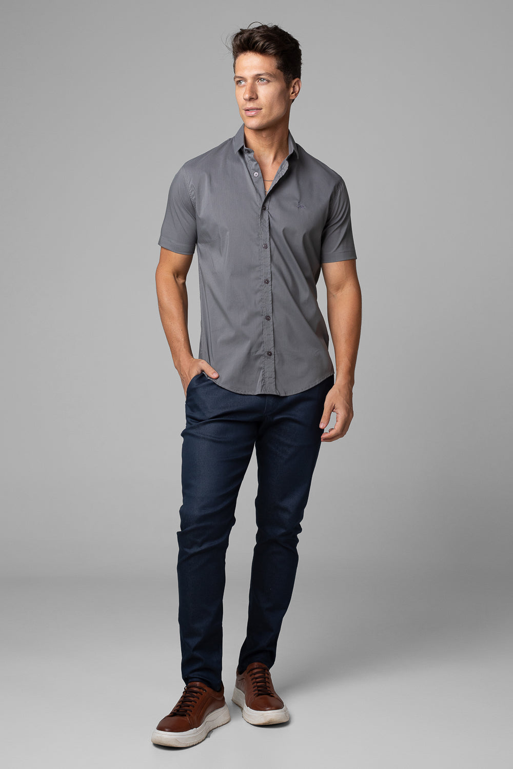 Camisa Social Masculina Manga Curta Tricoline Acetinada