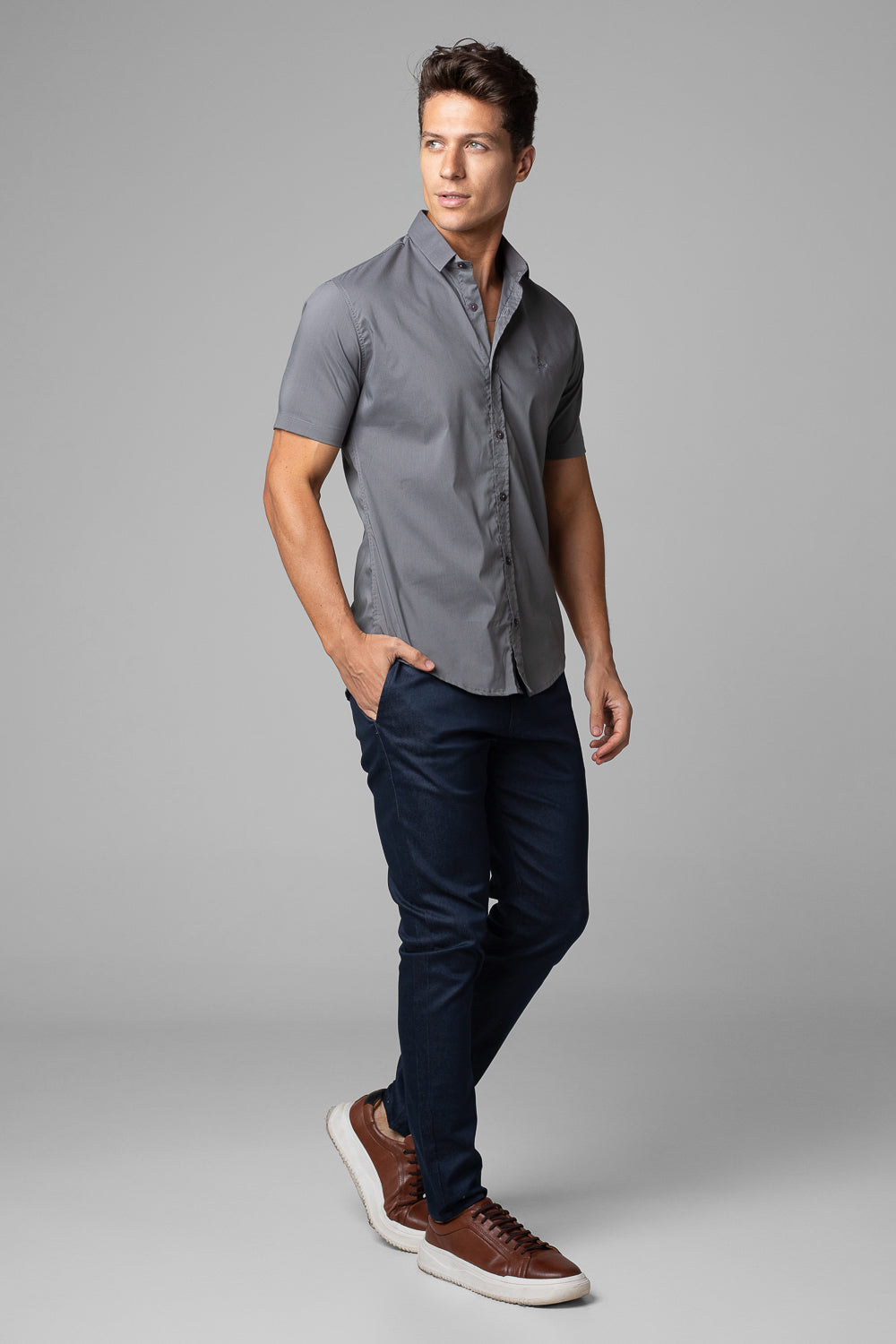Camisa Social Masculina Manga Curta Tricoline Acetinada
