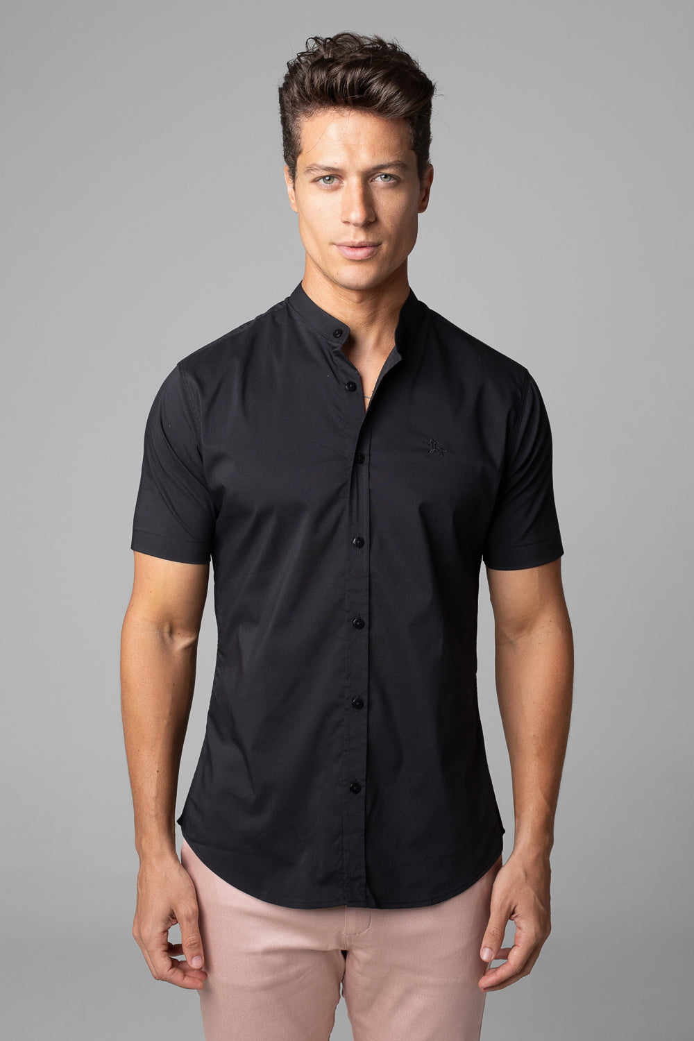 Camisa Social Masculina Gola Padre Manga Curta Tricoline