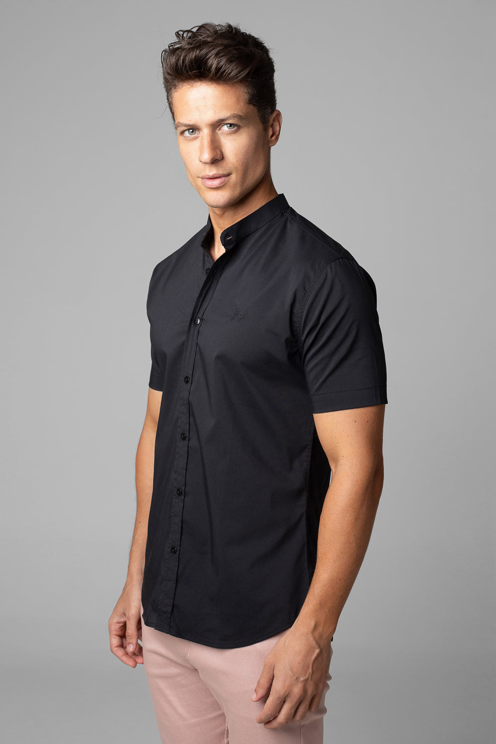 Camisa Social Masculina Gola Padre Manga Curta Tricoline
