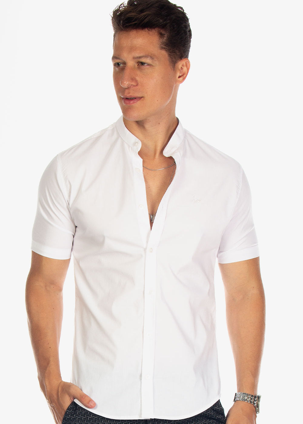 Camisa Social Masculina Gola Padre Manga Curta Tricoline