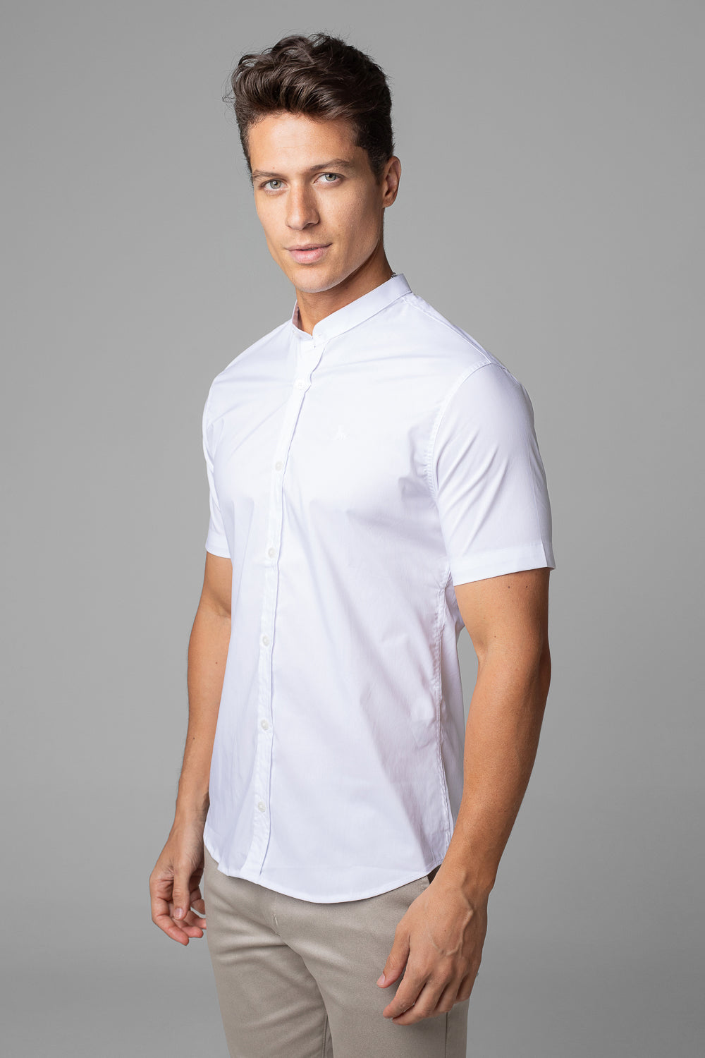 Camisa Social Masculina Gola Padre Manga Curta Tricoline
