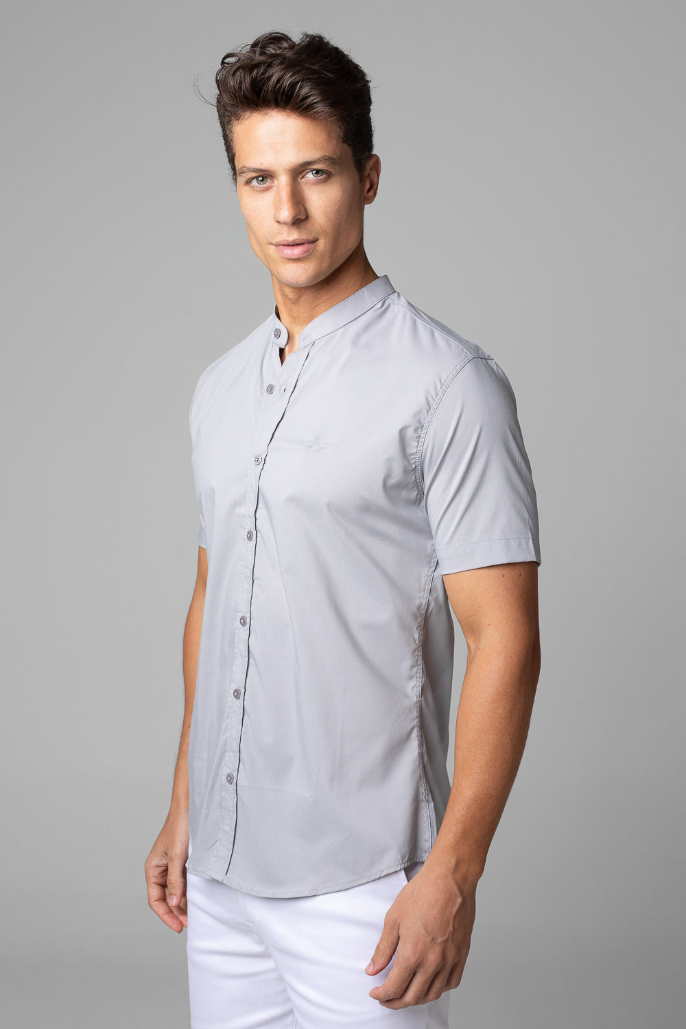Camisa Social Masculina Gola Padre Manga Curta Tricoline