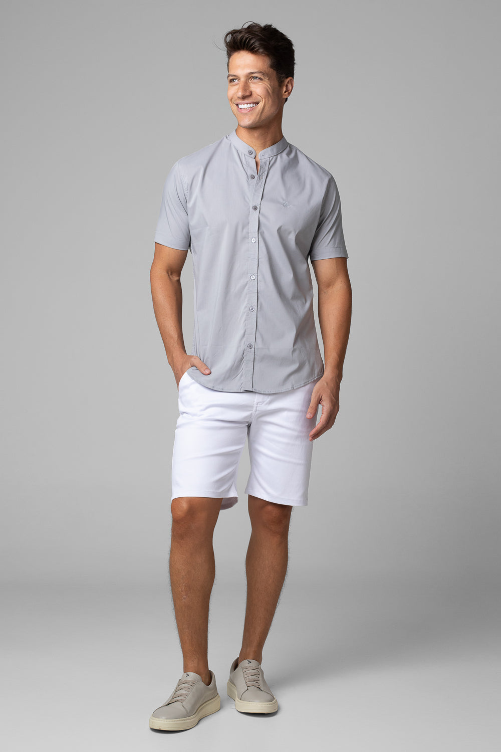 Camisa Social Masculina Gola Padre Manga Curta Tricoline