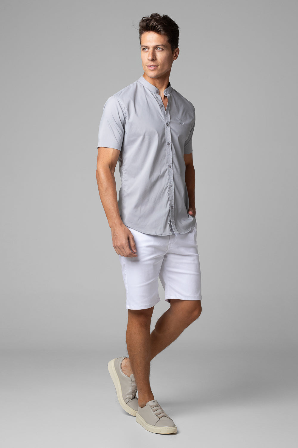 Camisa Social Masculina Gola Padre Manga Curta Tricoline