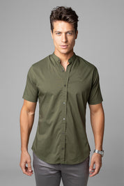 Camisa Social Masculina Gola Padre Manga Curta Tricoline