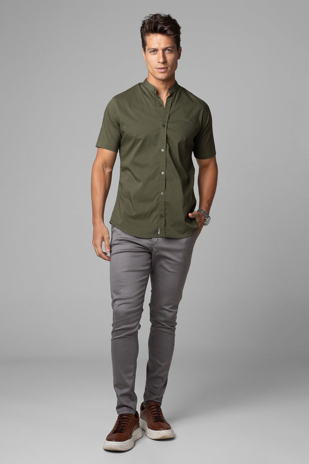 Camisa Social Masculina Gola Padre Manga Curta Tricoline