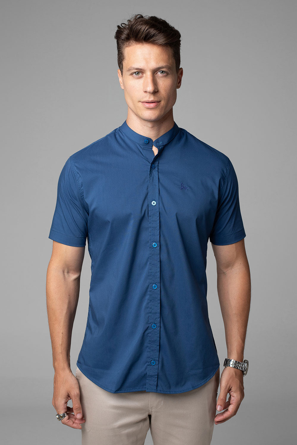 Camisa Social Masculina Gola Padre Manga Curta Tricoline