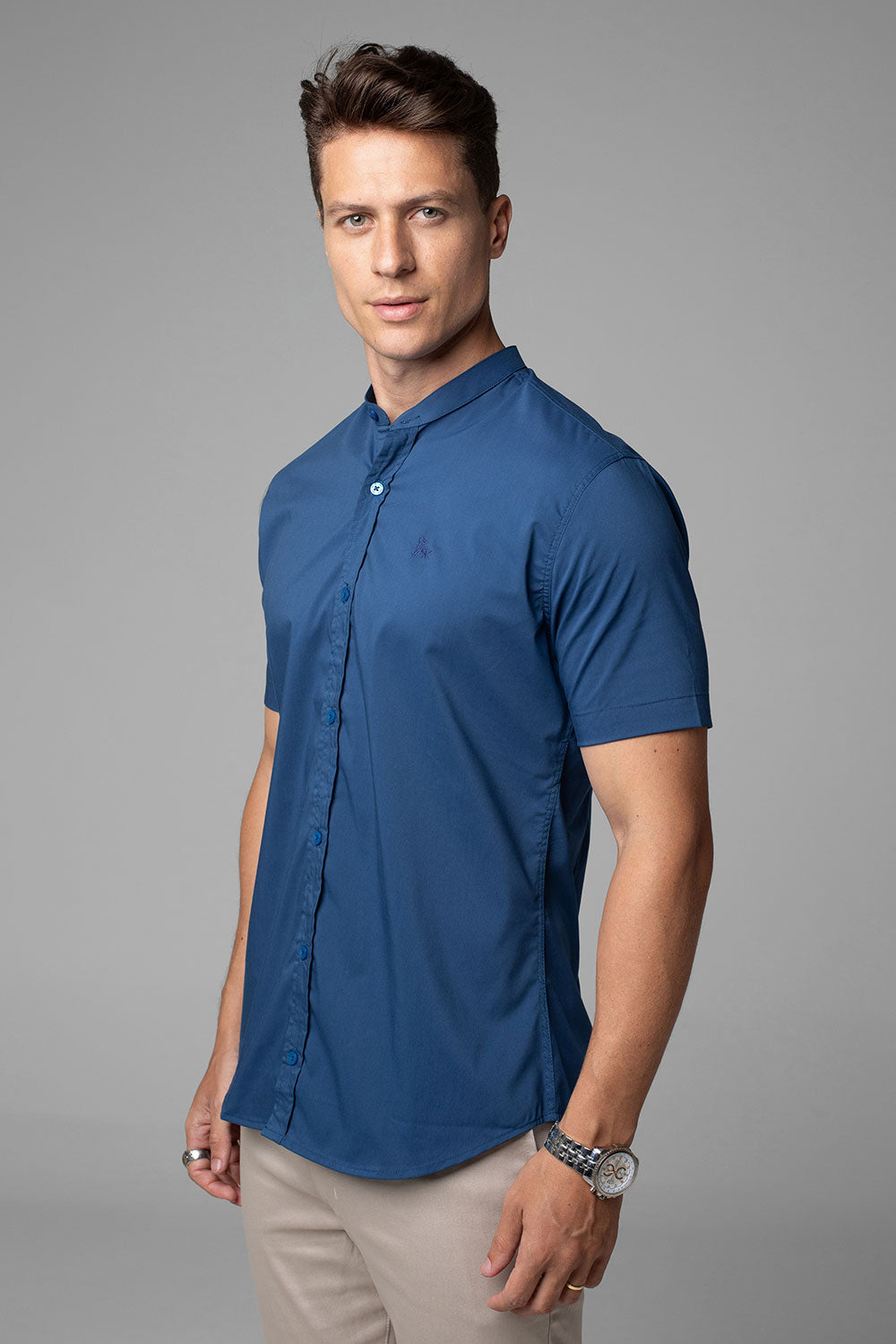 Camisa Social Masculina Gola Padre Manga Curta Tricoline