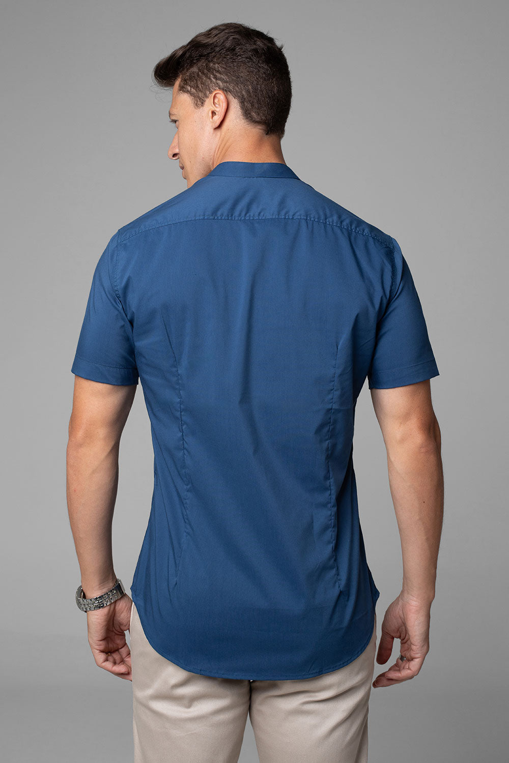 Camisa Social Masculina Gola Padre Manga Curta Tricoline