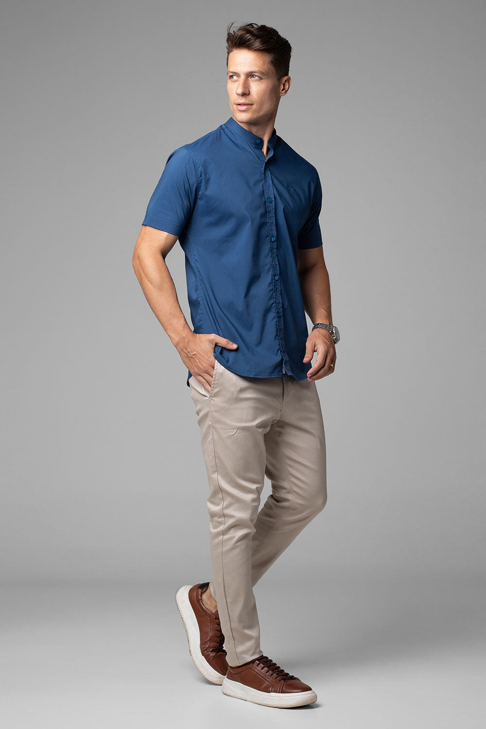 Camisa Social Masculina Gola Padre Manga Curta Tricoline