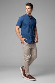 Camisa Social Masculina Gola Padre Manga Curta Tricoline