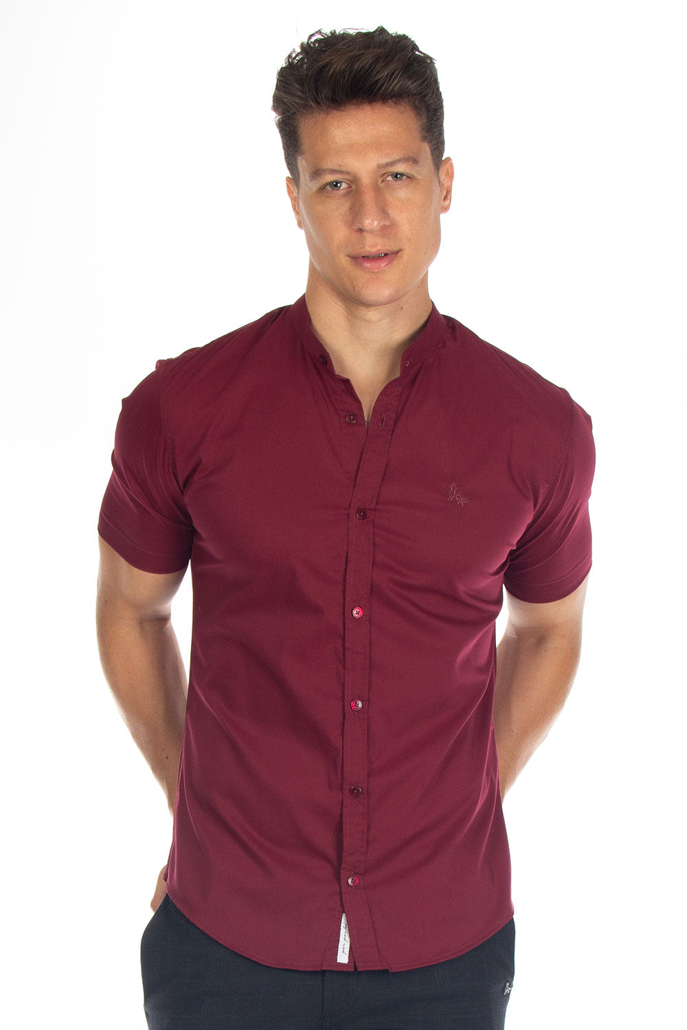 Camisa Social Masculina Gola Padre Manga Curta Tricoline
