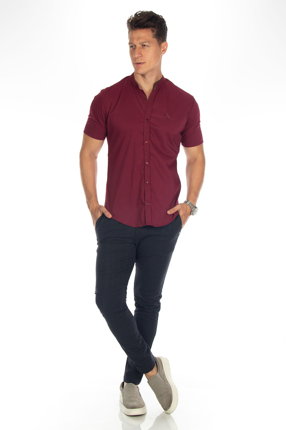 Camisa Social Masculina Gola Padre Manga Curta Tricoline