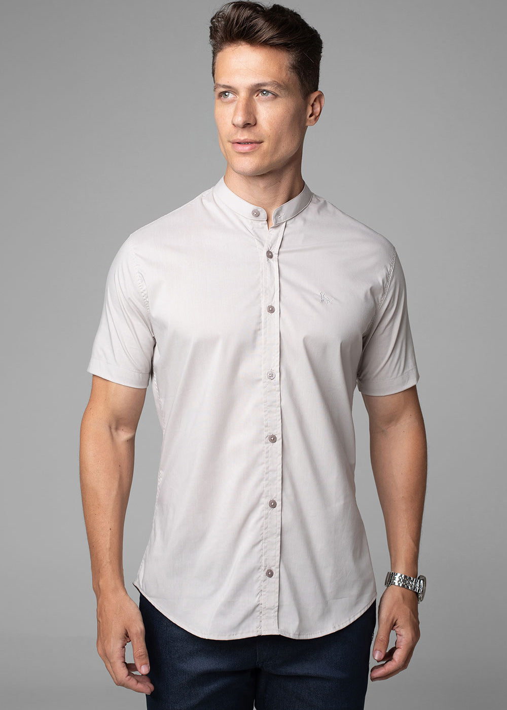 Camisa Social Masculina Gola Padre Manga Curta Tricoline