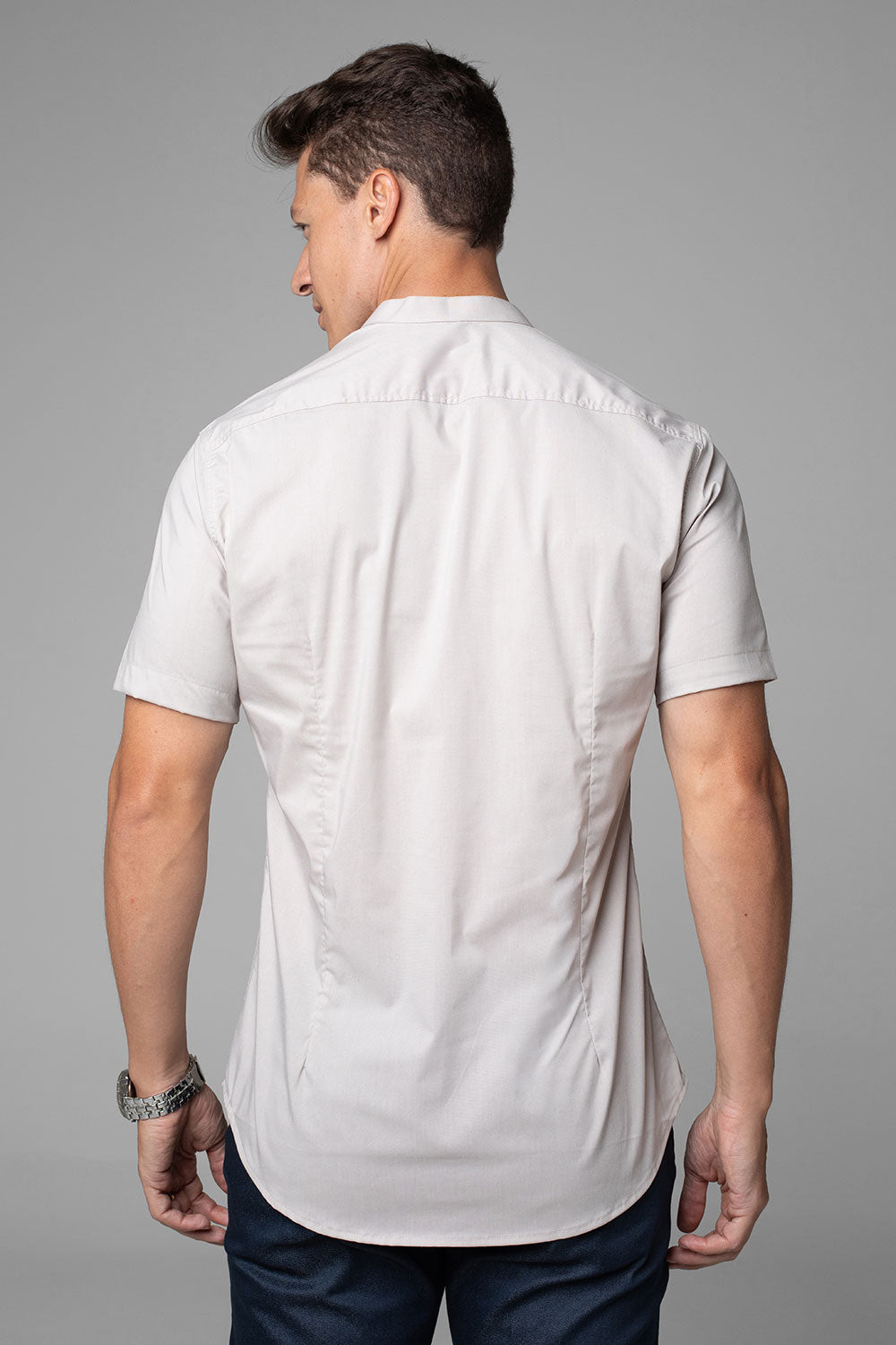 Camisa Social Masculina Gola Padre Manga Curta Tricoline