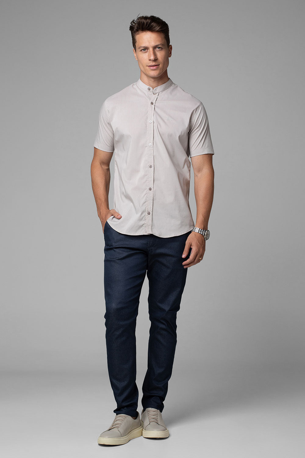 Camisa Social Masculina Gola Padre Manga Curta Tricoline