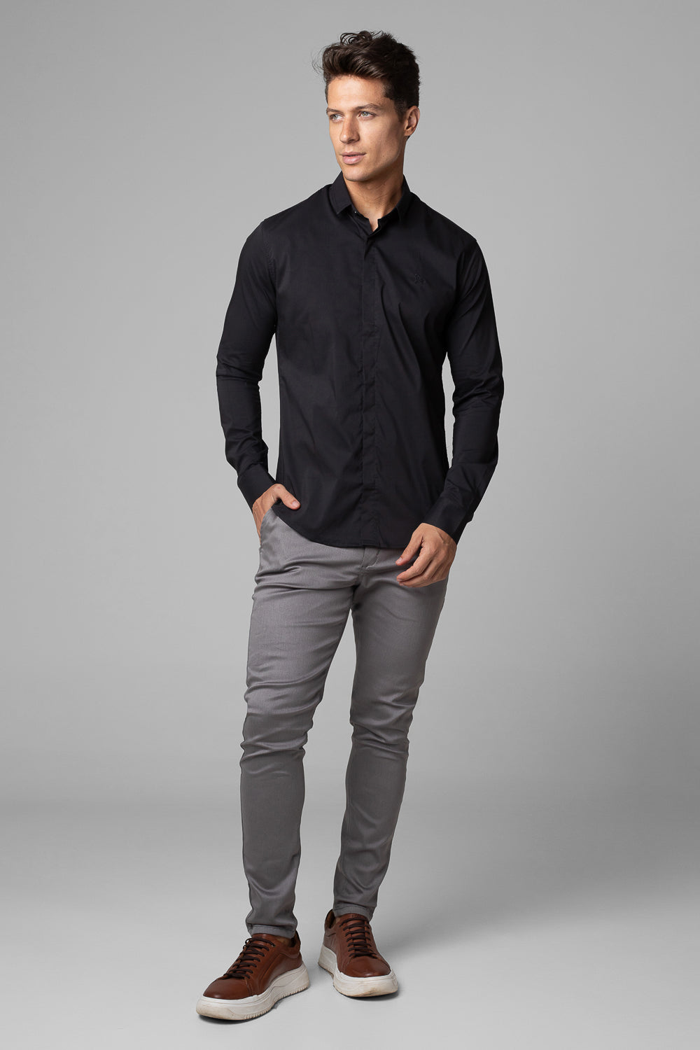 Camisa Social Masculina Tricoline Acetinada Slim Fit Vista Oculta ML