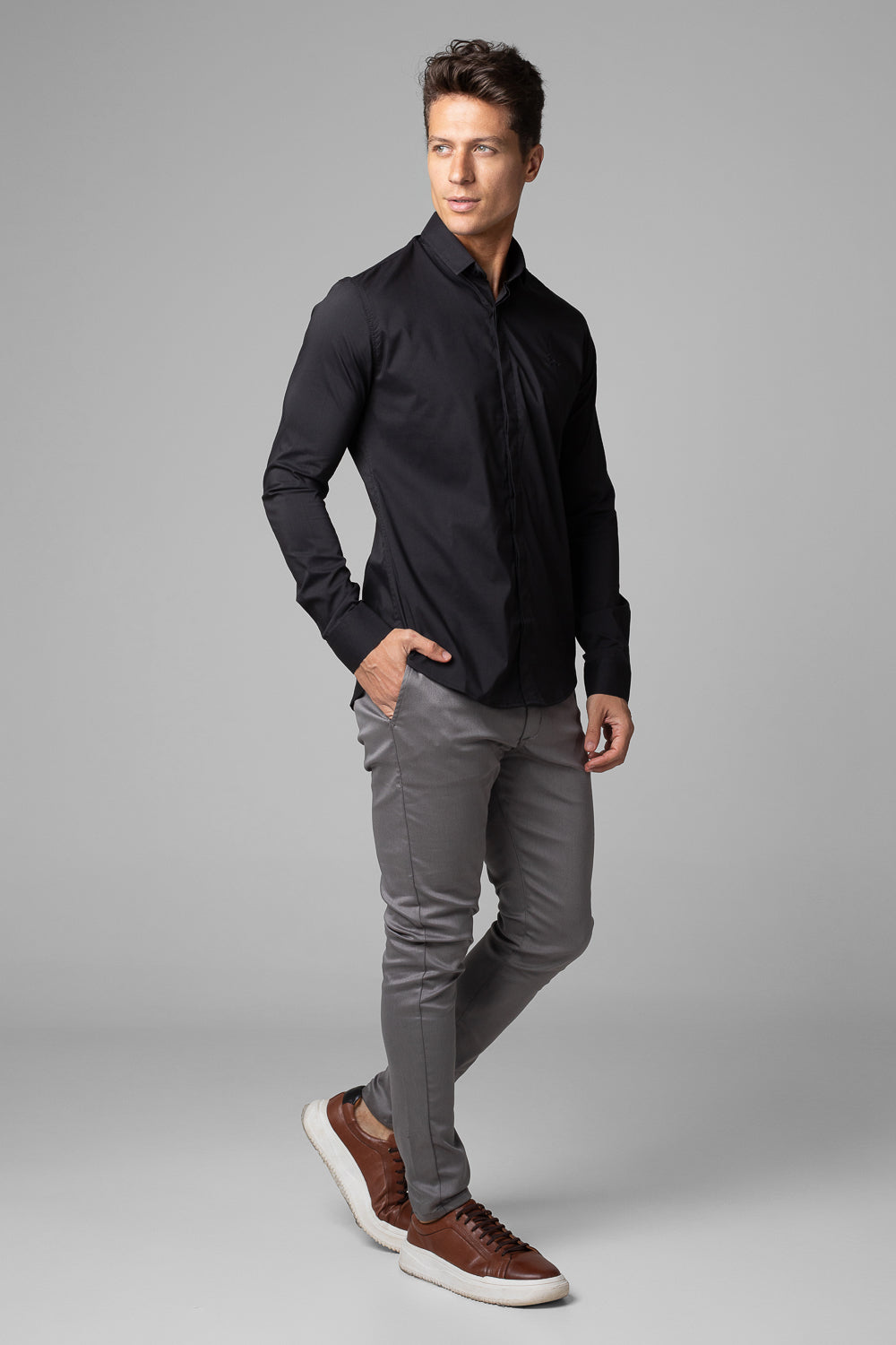Camisa Social Masculina Tricoline Acetinada Slim Fit Vista Oculta ML