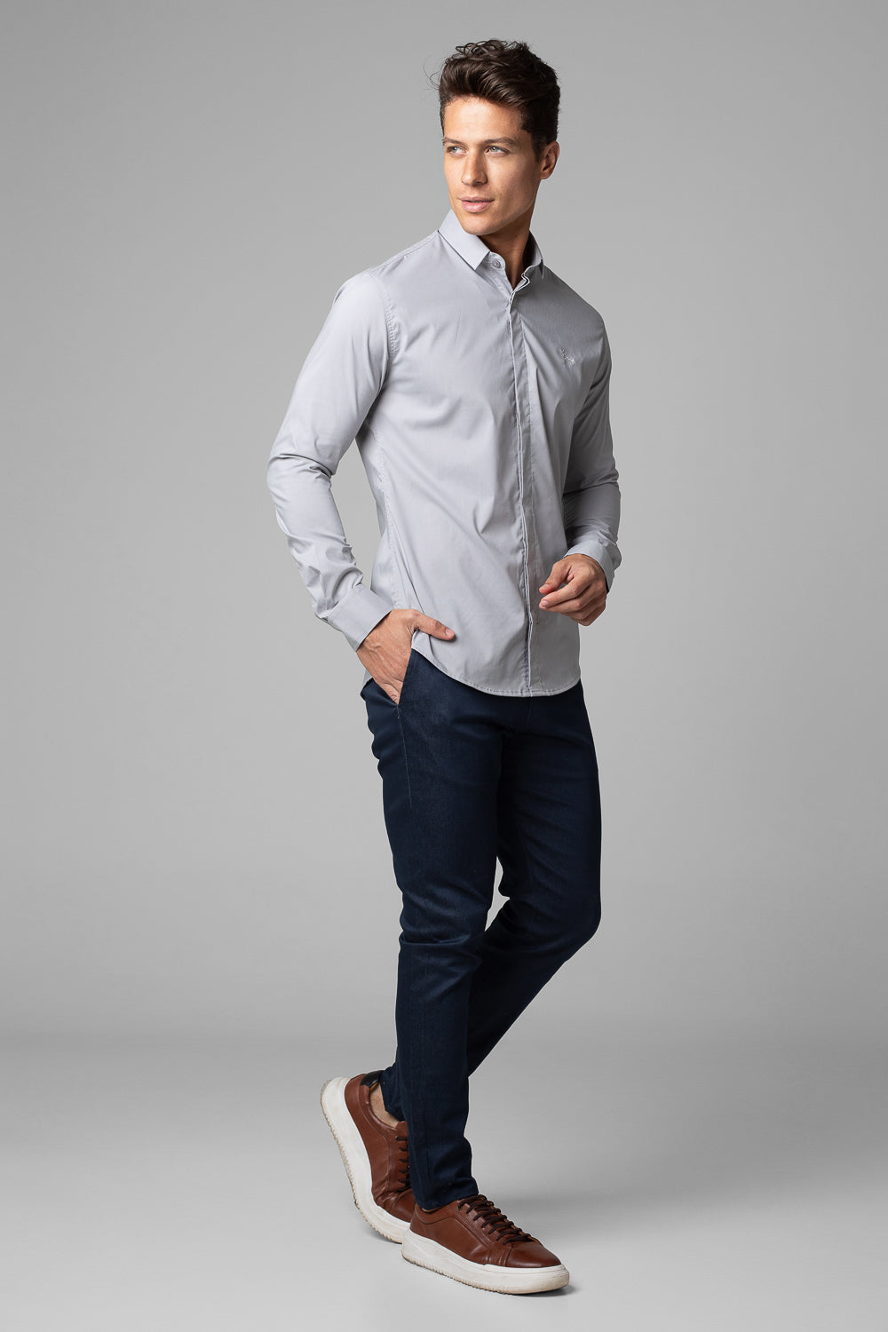 Camisa Social Masculina Tricoline Acetinada Slim Fit Vista Oculta ML