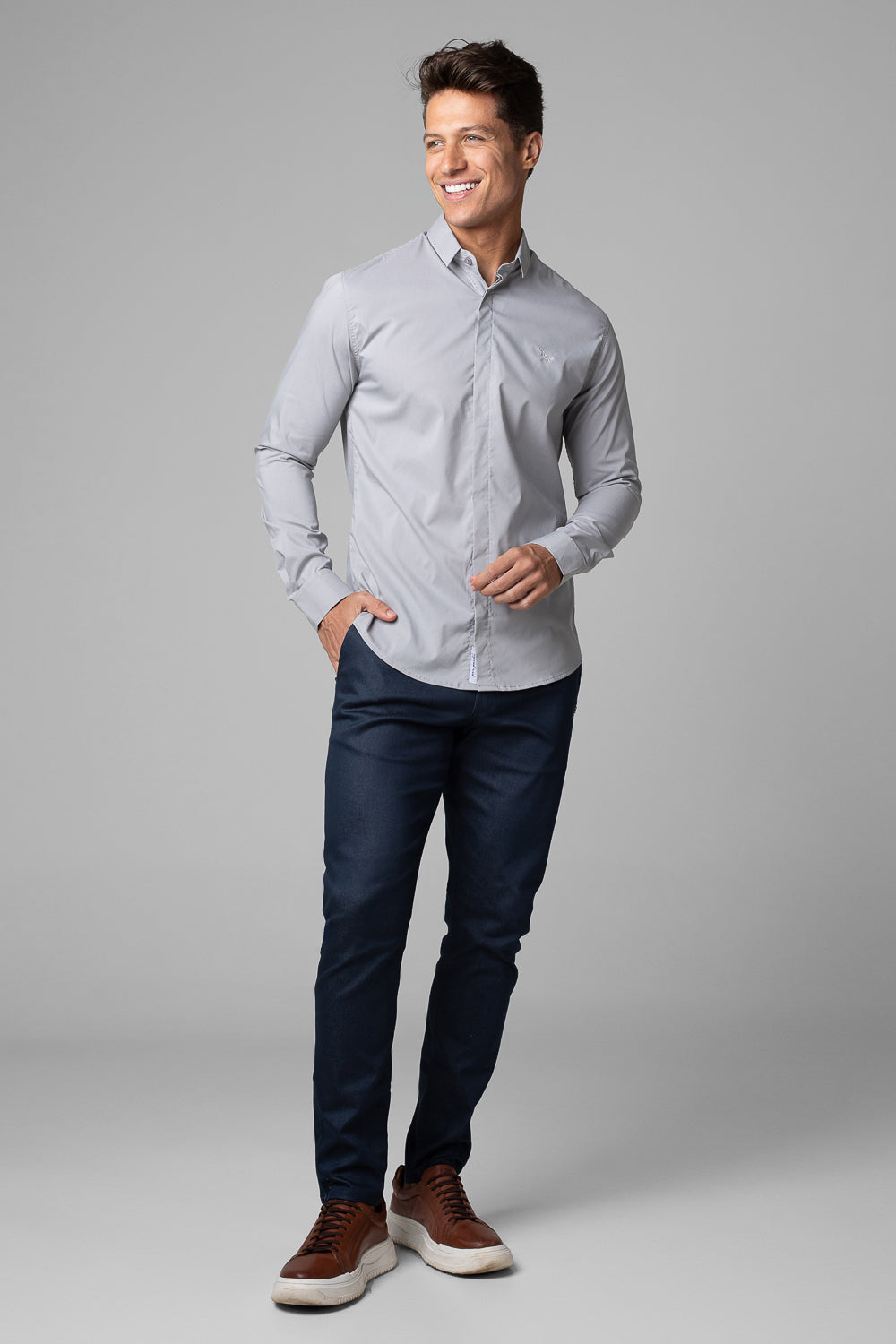 Camisa Social Masculina Tricoline Acetinada Slim Fit Vista Oculta ML