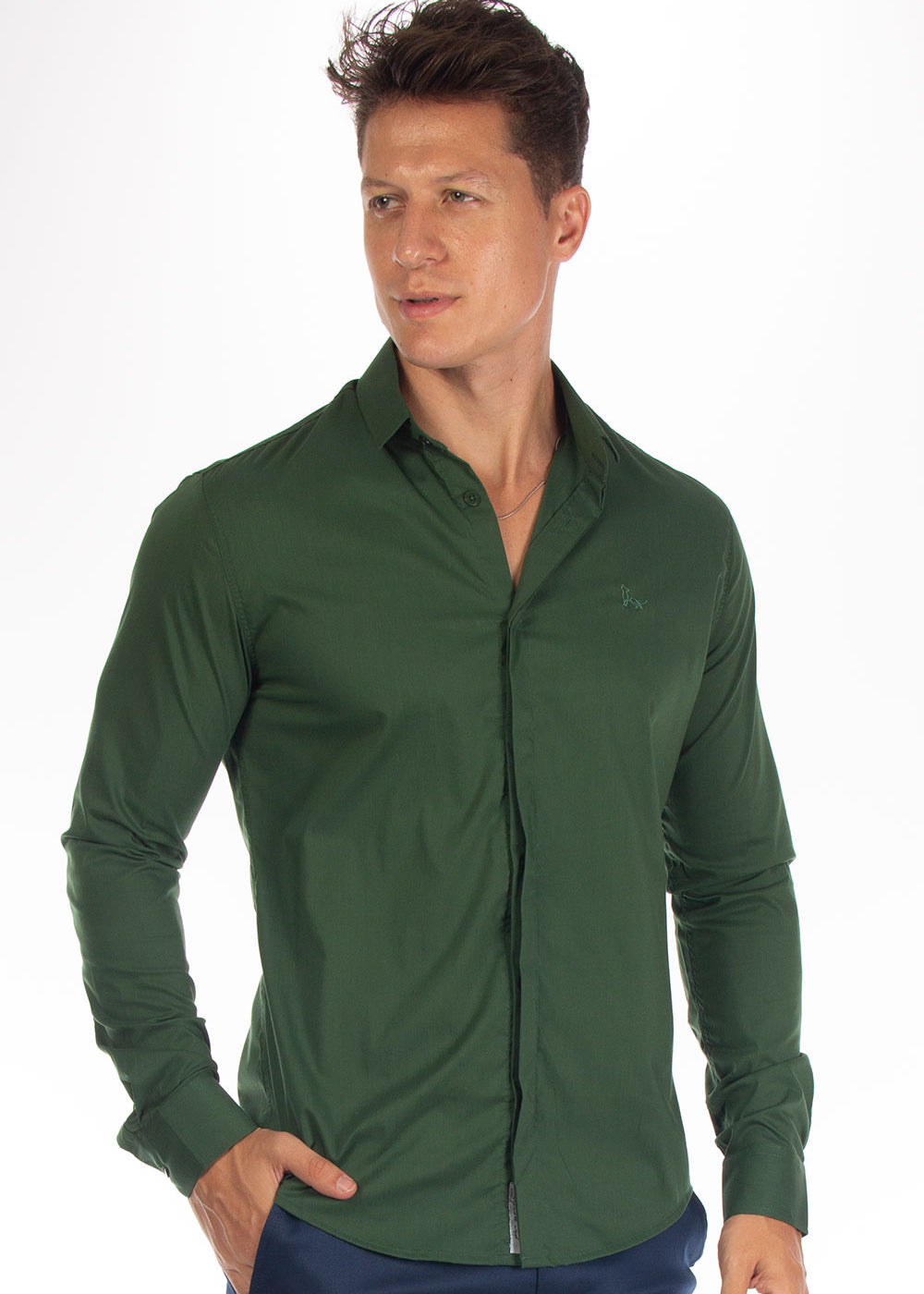 Camisa Social Masculina Tricoline Acetinada Slim Fit Vista Oculta ML